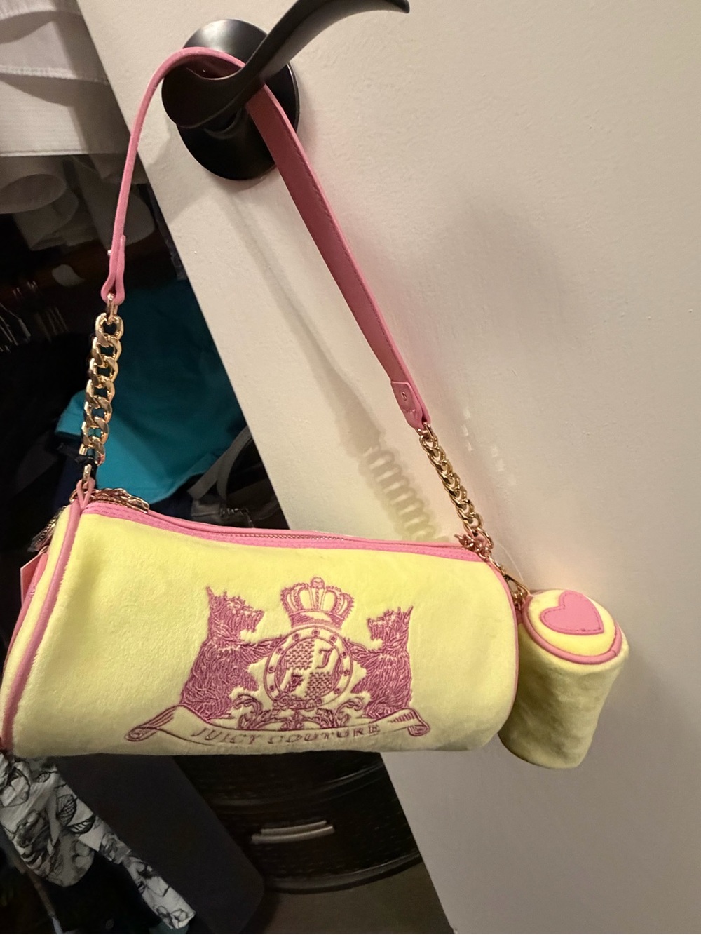 Juicy Couture Pastel Yellow Velvet Barrel Bag with Pink Trim